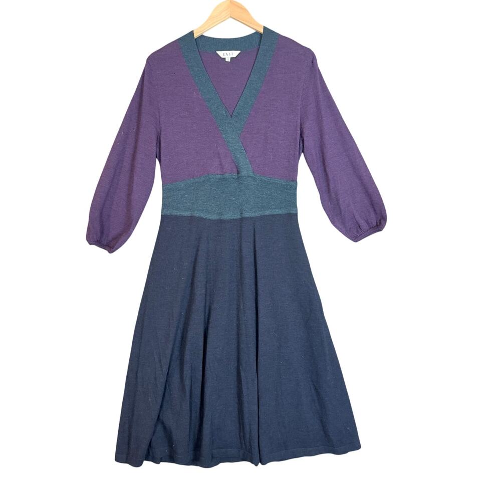 EAST Wool Sweater Dress Size 14 Colorblock Purple Blue Teal READ